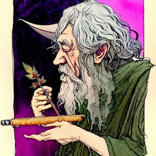 Image similar to a realistic and atmospheric watercolour fantasy character concept art portrait of gandalf with pink eyes looking happy and confused and smoking weed out of his pipe with a pot leaf nearby, by rebecca guay, michael kaluta, charles vess and jean moebius giraud