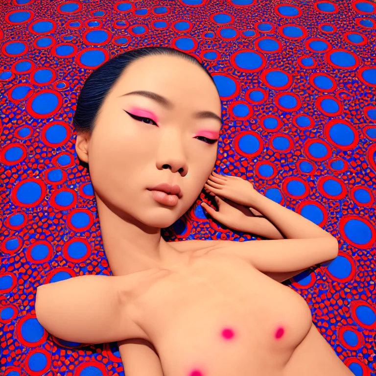 Image similar to realistic detailed image of a geisha laying down in a padded room, 8 k conjuring psychedelic background, part by yayoi kusama, part by alex gray, part by ross tran, part by james jean, ultra realistic, highly detailed, life like face, detailed body, 8 k, octane render, trending on artstation, very cohesive, masterpiece