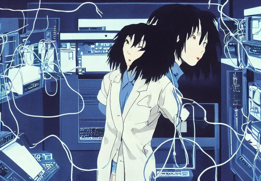 Image similar to dark skin woman wearing a white lab coat, dark blue wolf haircut to shoulder, body connected to wires and connected to 1 9 8 0 s computers, painted by yoshitoshi abe and makoto shinkai, in the style of serial experiments lain, dynamic lighting, dark ambience, 3 5 mm