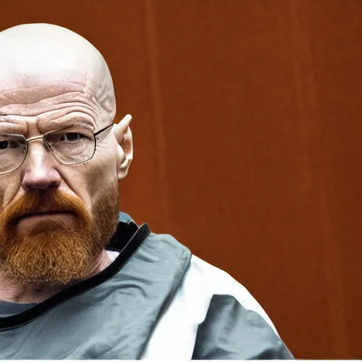 Image similar to walter white with a rough beard, wearing an oxygen mask, sitting in a wheelchair in a courtroom on trial.