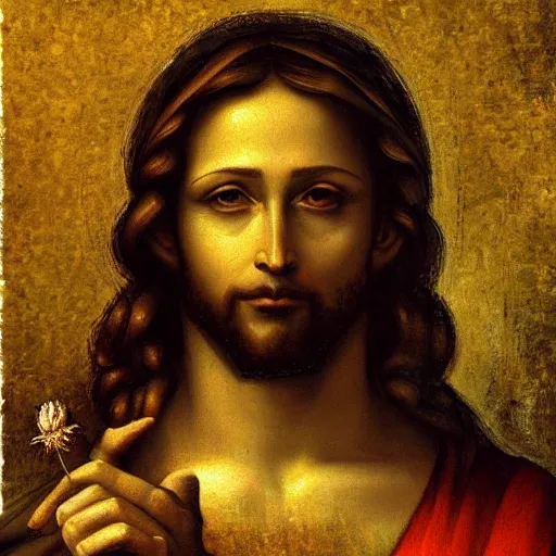 Image similar to an impasto oild painting of jesus holding a cannabis flowers painted by leonadro da vinci, rennaissance painting, high detailed oil painting, masterpiece, artstation