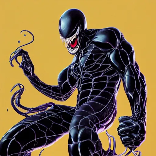 Image similar to venom symbiote, soft light, mekka, behance, vector, highly detailed illustration, realistic, artstation. com, by kunio okawara, yoshikazu yasuhiko, syd mead, mamoru nagano,