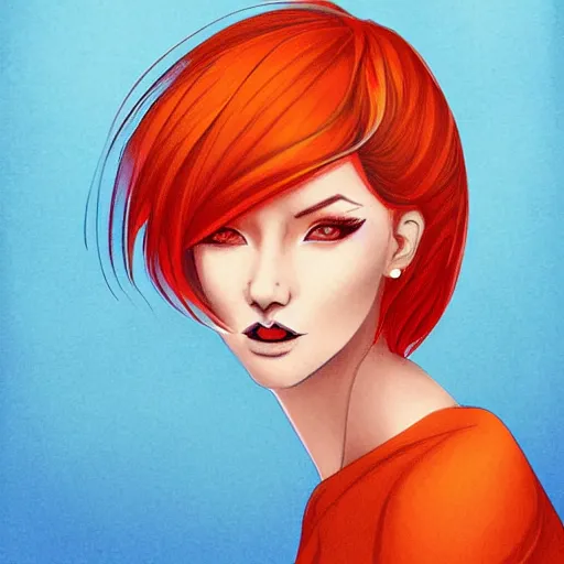 Prompt: illustrated portrait of orange-skinned devil woman with blue hair cut in a bob by rossdraws