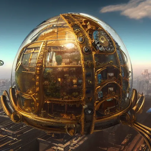 Prompt: enormous flying city in a faberge egg, clear skies, steampunk, fantasy art, masterpiece, unreal engine