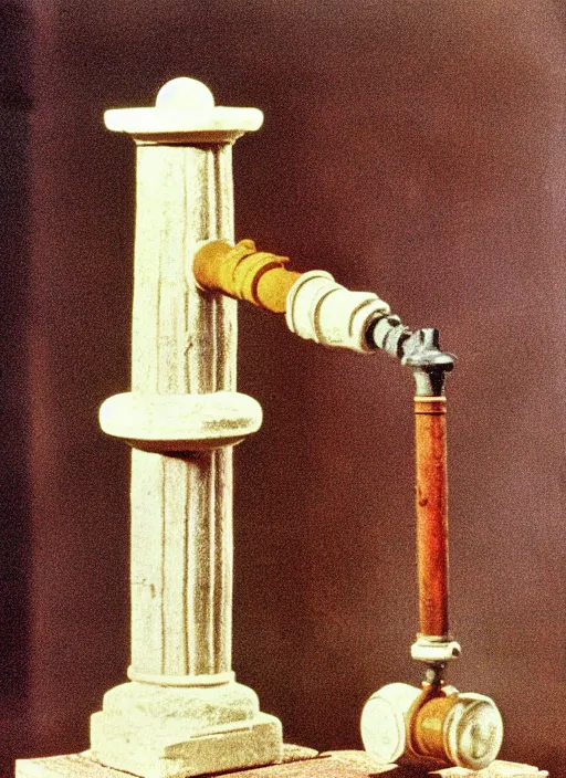 Prompt: ultra very realistic photo of a a medieval temple chemistry appliance pump, made of wood white clay 1 9 9 0, life magazine photo, natural colors, museum collection, kodak