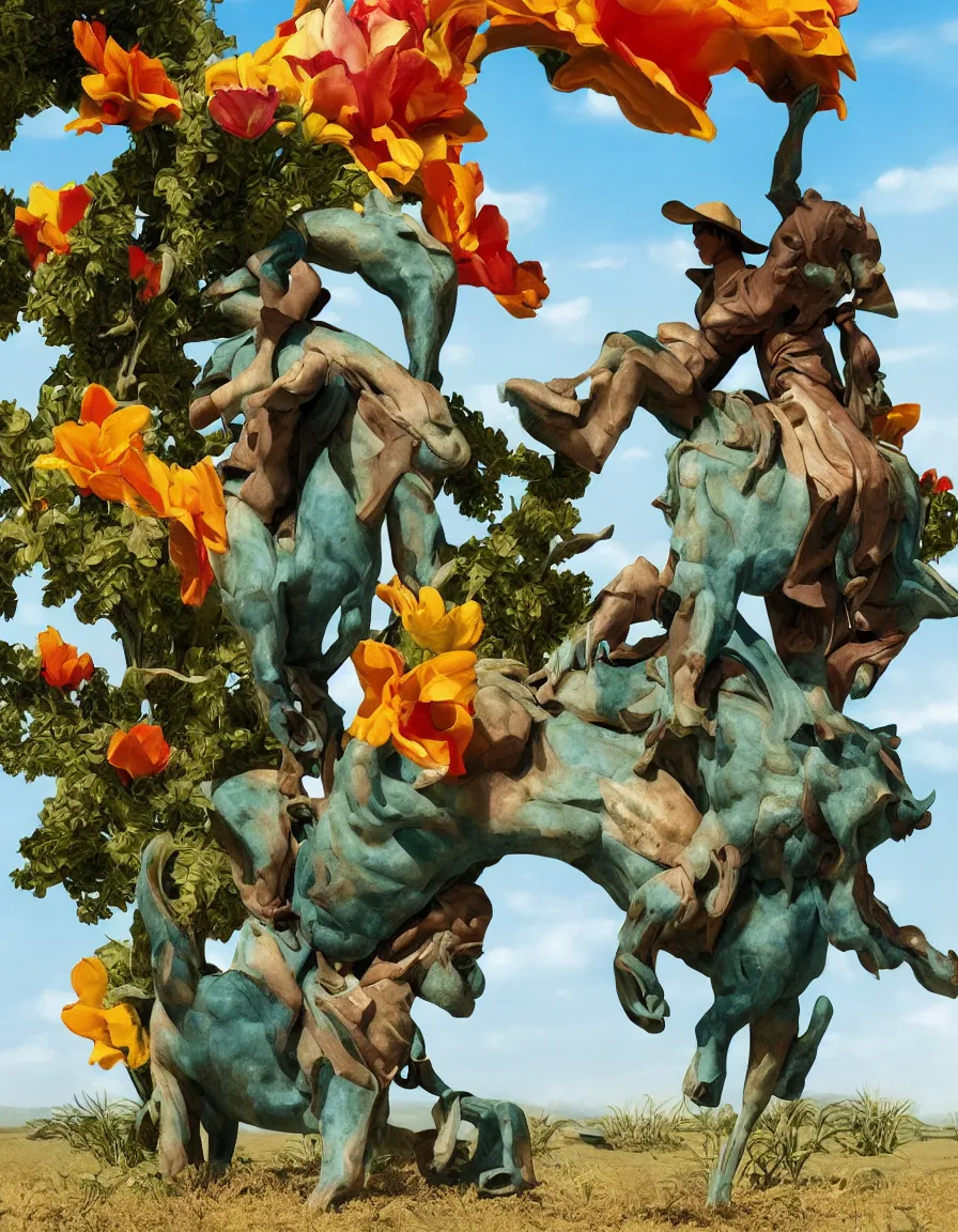 Prompt: a cowboy turning into blooms by slim aarons, by zhang kechun, by lynda benglis, by frank frazetta. tropical sea slugs, angular sharp tractor tires. bold complementary colors. warm soft volumetric light. 8 k, 3 d render in octane unreal engine. a manly cowboy riding petals sculpture by antonio canova. jade green and ochre