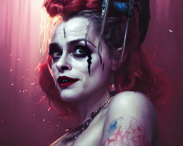 Image similar to highly detailed portrait of helena bonham carter as harley quinn, in batman : arkham knight, stephen bliss, unreal engine, fantasy art by greg rutkowski, loish, rhads, ferdinand knab, makoto shinkai and lois van baarle, ilya kuvshinov, rossdraws, tom bagshaw, global illumination, radiant light, detailed and intricate environment