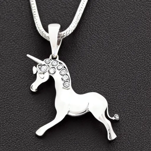 Image similar to a lovely silver cartoon unicorn necklace pendant, pandora style, tiffany style, swarovski style, van cleef & arpels style, cartier style, boucheron style, bulgari style, chaumet style, elegant, noble, stylish