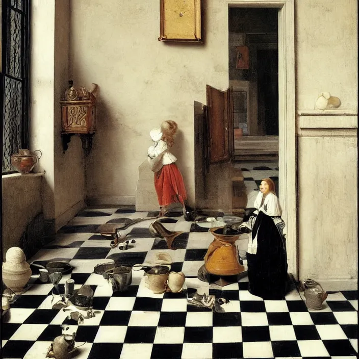 Prompt: colored painting, pieter de hooch, trending on artstation, highly detailed, black and white checkerboard floor, gigantic porcelain head statue, intricate, elegant