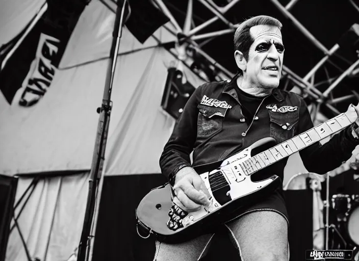 Image similar to photo still of herman munster on stage at vans warped tour!!!!!!!! at age 3 3 years old 3 3 years of age!!!!!!!! shredding on guitar, 8 k, 8 5 mm f 1. 8, studio lighting, rim light, right side key light