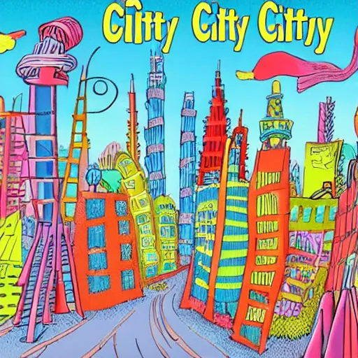 Image similar to colorful city by dr seuss, with towers, bridges, stairs, inhabited by creatures