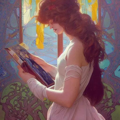 Image similar to a girl reading book, hair flowing down | hyperrealistic | action pose | digital painting | trending on artstation | pinup portrait | clean | illustration | dressed | Unreal Engine 5 | 8k resolution | by Greg Rutkowski Alphonse Mucha Gustav Klimt and Mel Ramos