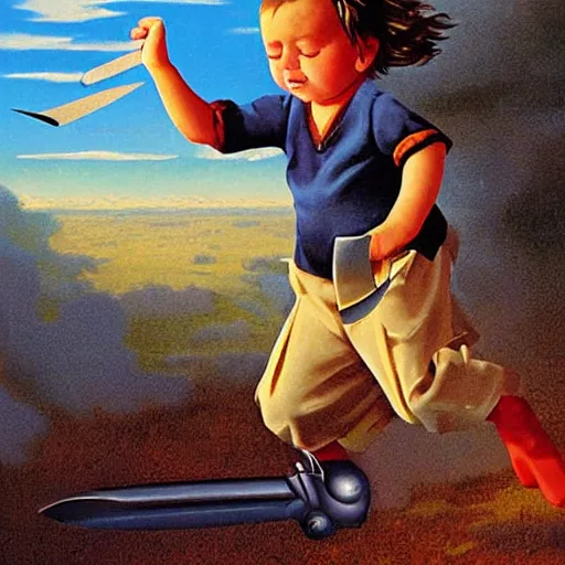 Image similar to a disappearing running child disappearing into vapor, mist, smoke, scissors in hand, sharp scissor blades, a detailed matte painting by John Philip Falter