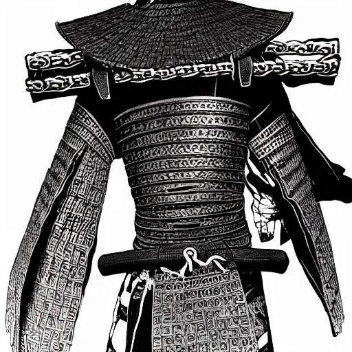 Image similar to A PORTRAIT FROM BEHIND OF A SAMURAI ,THE THE MAN IS WRAPPED IN CHAINS ,detailed, concept art, ink style , sketch