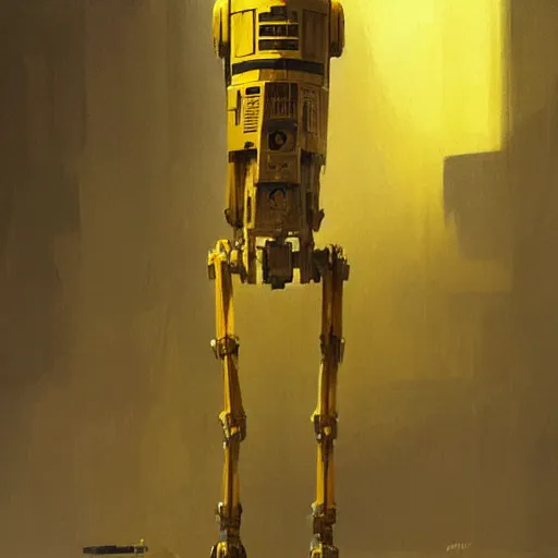 Prompt: tall strong intricate chiseled yellow pit droid, by Greg Rutkowski