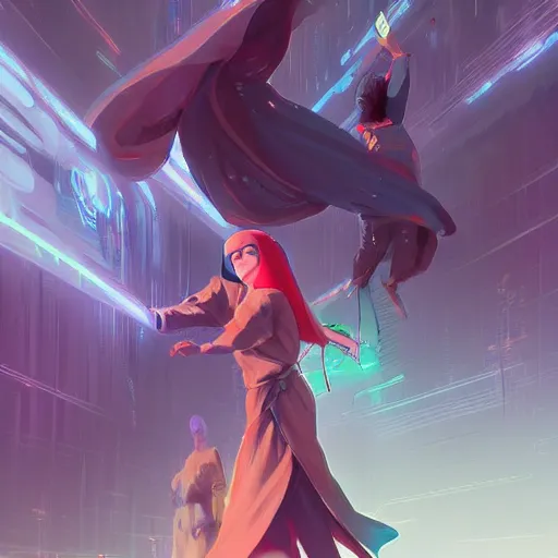 Image similar to cyberpunk sufis whirling with long robes around a mosque official fanart behance hd artstation by jesper ejsing, by rhads, makoto shinkai and lois van baarle, ilya kuvshinov, ossdraws