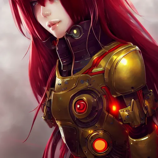 Prompt: cute red armored cyborg - anime girl, long gold hair, yellow eyes, digitally painted by ross draws, extreme high intricate details by wlop, digital anime art, black shadows, stylized shading