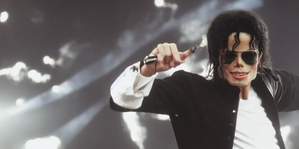 Image similar to michael jackson this is it by himself 2 0 0 9 style wearing shades, studio solo, this is it style, photo real, motion blur, solo, by himself, heroic pose, real life, spotted, ultra realistic face, accurate, 4 k, movie still, uhd, sharp, detailed, cinematic, render, modern