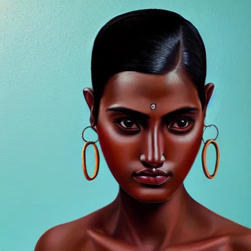 Image similar to A portrait of a thin trendy and gorgeous non-binary person, dark skin tone, Indian, oil painting, majestic, detailed, high resolution