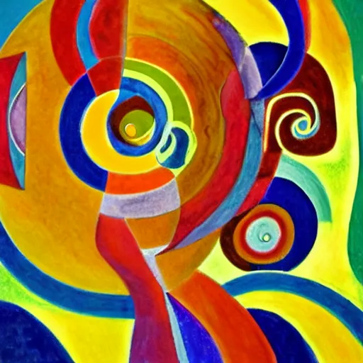 Image similar to woman symmetry dancing through time and space as ferns and spirals unfold before her feet, abstract art in the style of cubism and davinci and georgia o keefe,