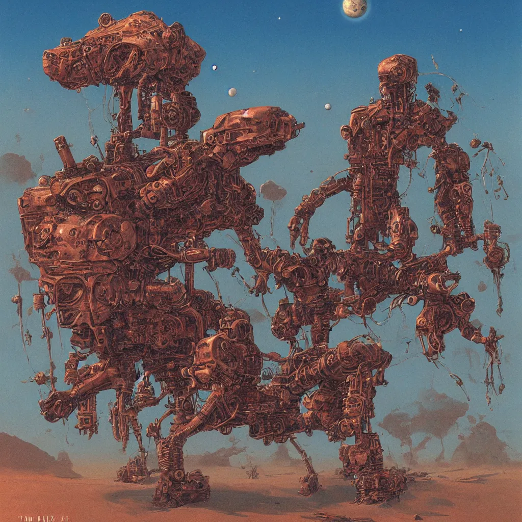 Prompt: a (pulp sci-fi) cover from 1993 with a (((rusty riveted dog))) on a desert planet, inspired by zdzslaw beksinski