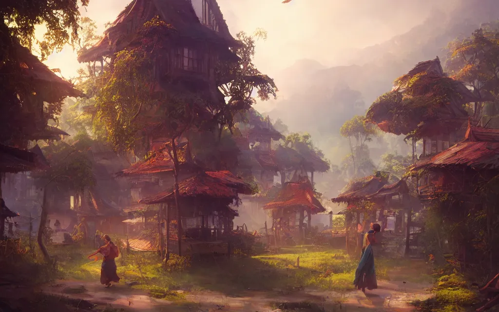 Prompt: kerala village, sharp focus, wide shot, trending on artstation, masterpiece, by greg rutkowski, by ross tran, by fenghua zhong, octane, soft render, oil on canvas, colorful, cinematic, environmental concept art