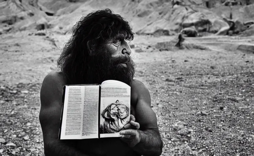 Image similar to a portrait of neanderthal read science book about him in middle of nowhere, perfect dynamic posture, dust, cinematic, perfect dynamic pose, pinterest, very perfect position, award winning photo by national geographic, bokeh