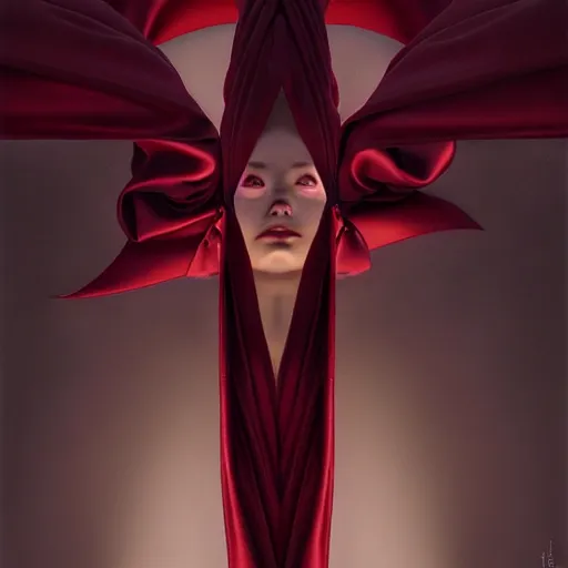Image similar to chaotic burgundy satin ribbons instead of skin build image of face, one point perspective, moebius, bao pham, donato giancola, larry elmore, masterpiece, trending on artstation, featured on pixiv, cinematic composition, beautiful lighting, sharp, details, hyper - detailed, hdr, 4 k, 8 k