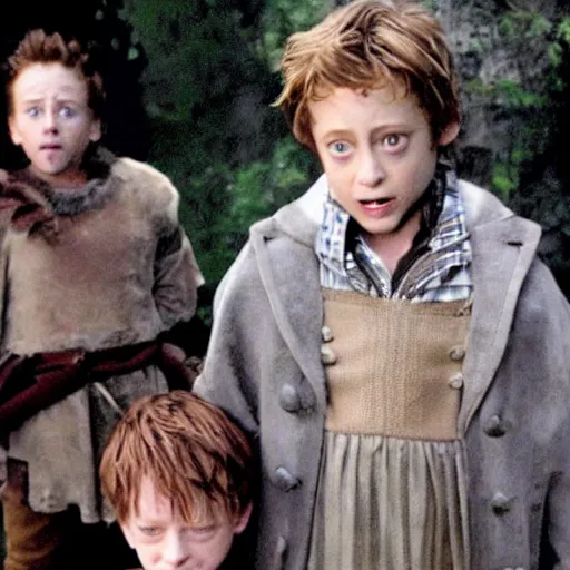 Prompt: movie still of hugh jackman as willhelm tell and macaulay culkin as his son. scene of tell shooting apple from the head of his son, in the style of peter jackson