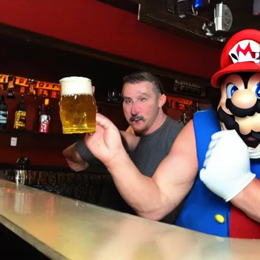 Image similar to super mario chugging a beer and getting drunk at a bar