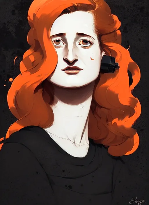 Image similar to highly detailed closeup portrait of beautiful grace gummer as dom dipierro, wavy ginger hair, black dress, by atey ghailan, by greg rutkowski, by greg tocchini, by james gilleard, by joe fenton, by kaethe butcher, gradient orange, black and white color scheme, grunge aesthetic!!! ( ( graffiti tag wall background ) )