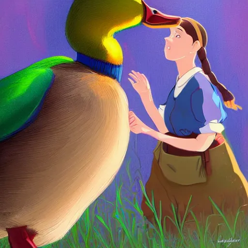 Prompt: A medium format portrait of a mallard duck encouraging a pretty girl that she’s going to have a great day and go on many adventures, in the style of Studio Ghibli, artstation, highly detailed, digital painting, smooth, 8k, elegant
