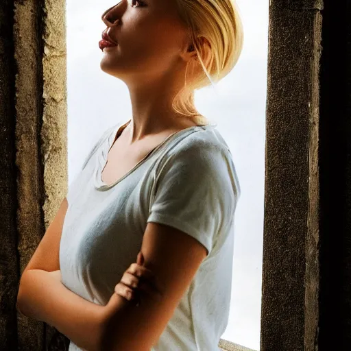 Prompt: a hyper realistic image of a very beautiful blond girl standing near a window, she is facing the camera, a Beluga is swimming in the sky