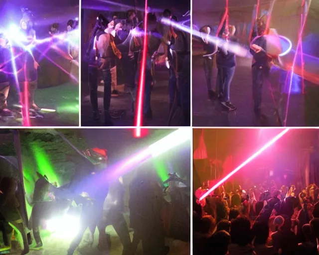 Image similar to neolithic cave gig, generic kpop boy band, lasers, light sabers, blaster pistols, smoke machine, cdx