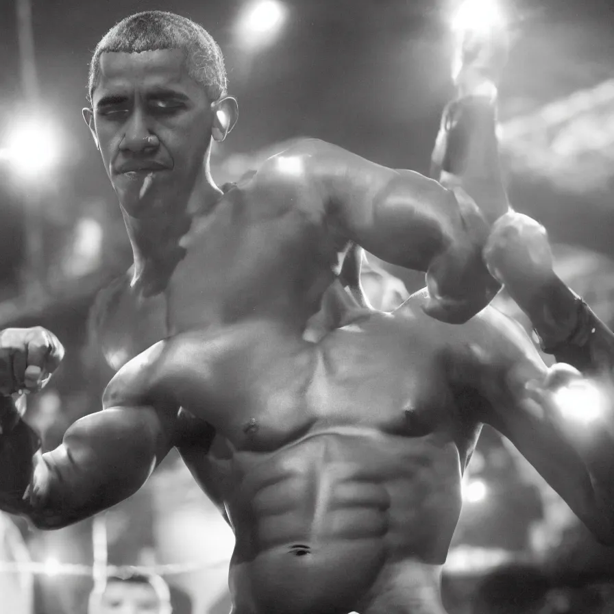 Image similar to award - winning photograph of barack obama!!!!!!! as a wrestler, promotional picture, very highly detailed, cinematic lighting, spotlights, muscular, photo, sharp, clear