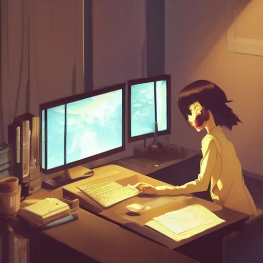 Image similar to beautiful scene render of a person sitting at a desk, looking at monitor, dimly lit bedroom, hot cocoa drink,, perfectly shaded, atmospheric lighting, style of makoto shinkai and peter mohrbacher, studio ghibli. artgerm, karol bak, beeple, animation style, 8 k hd, ultra wide angle, hyper detailed