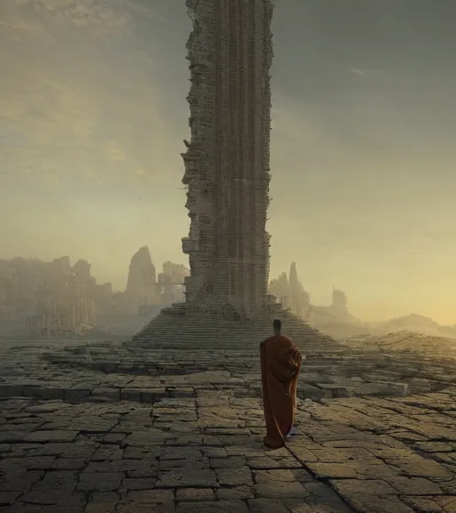 Prompt: monk standing in a futuristic stand in the ancient destroyed tower of babylon, hyper realistic, blockchain, cyber world, ambient lighting, concept art, intricate, hyper detailed, tarkovsky greatest scene, smooth, dynamic volumetric lighting, octane, ray trace, cinematic, high quality, high resolution, 4 k, cgsociety, greg rutkowski, gurney