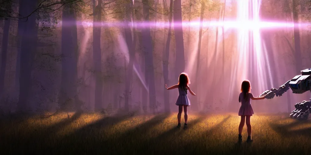 Image similar to sci - fi scene future new york, little girl alone holding onto the outstretched hand of a giant robot, forest punk, little girl meets robot, crepuscular rays, epic scene, hyper realistic, photo realistic, overgrowth, cinematic atmosphere, ethereal lighting,