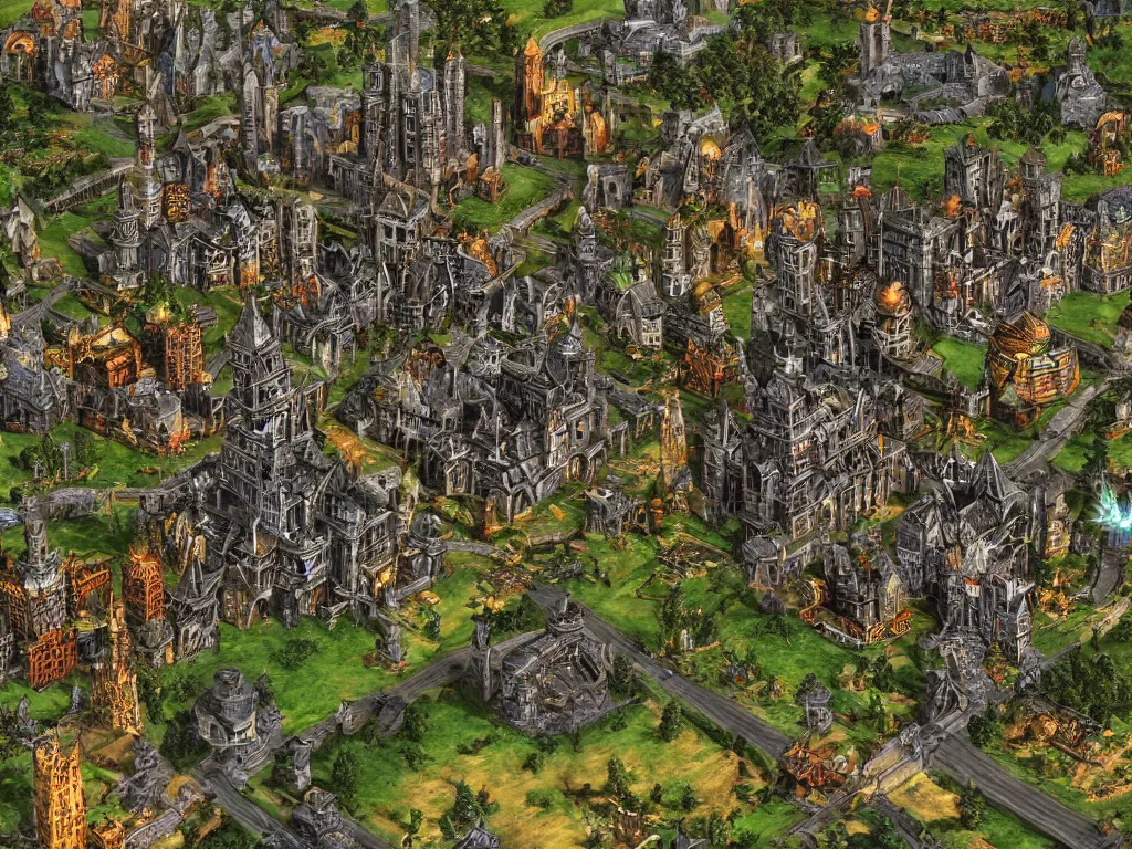 Prompt: Heroes of Might and Magic 3 gothic mordor tower city scene, ultra detailed game art, master artist