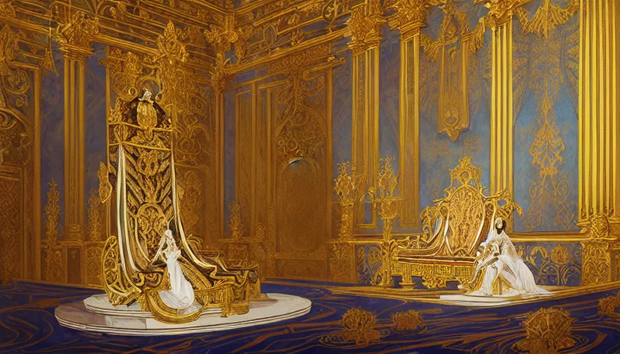 Image similar to the imperial throne room in the palace of versailles of god emperor napoleon bonaparte, napoleon on the throne, dieselpunk, french baroque, rococo, napoleonic, science fiction, steampunk, sharp, concept art watercolor illustration by mandy jurgens and alphonse mucha, dynamic lighting