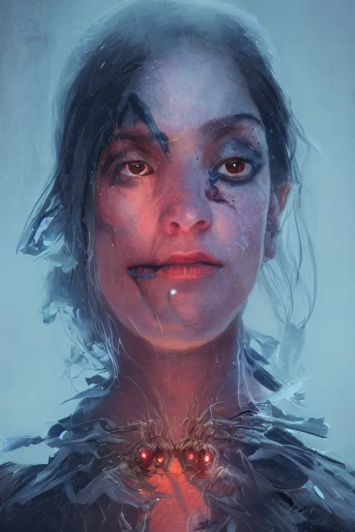 Prompt: A fancy portrait of a half women half spider creature by Greg Rutkowski, beeple, Sung Choi, Mitchell Mohrhauser, Maciej Kuciara, Johnson Ting, Maxim Verehin, Peter Konig, Bloodborne, 8k photorealistic, cinematic lighting, HD, high details, dramatic, dark atmosphere, trending on artstation