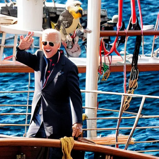 Prompt: Joe Biden as a pirate chasing his parrot on the main ship deck.