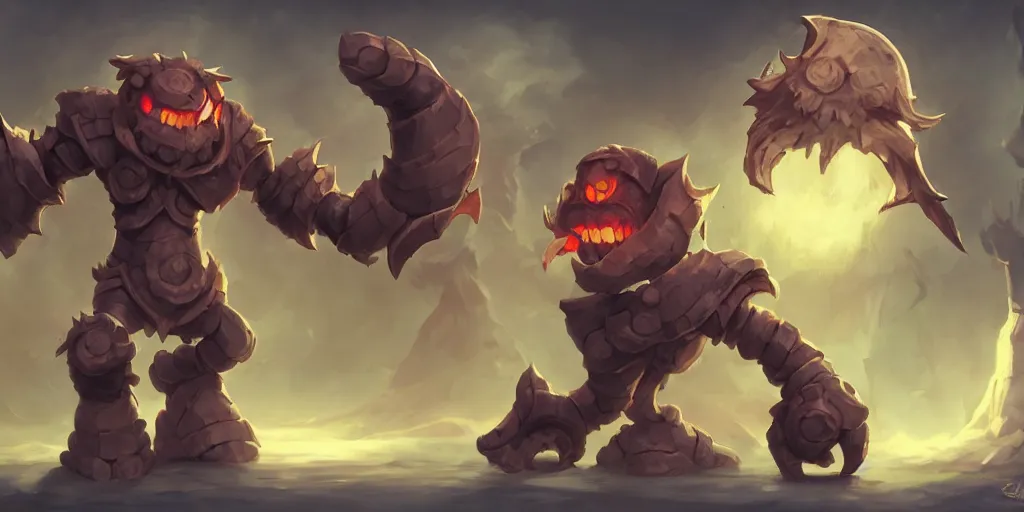 Prompt: Stone golem with big eyes, face visible, league of legends character art, trending on artstation, digital art