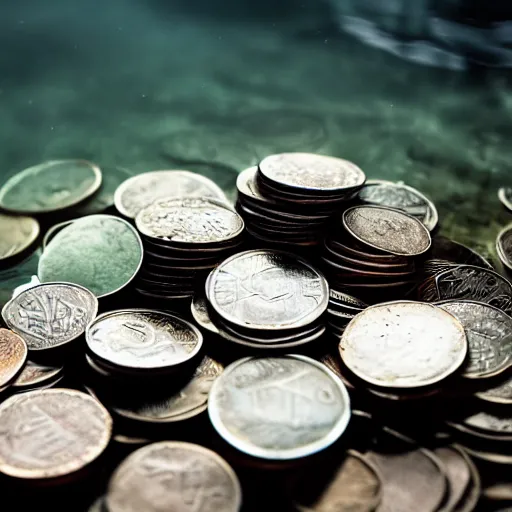 Prompt: a picture of a pile of coins underwater, it is raining, 50mm