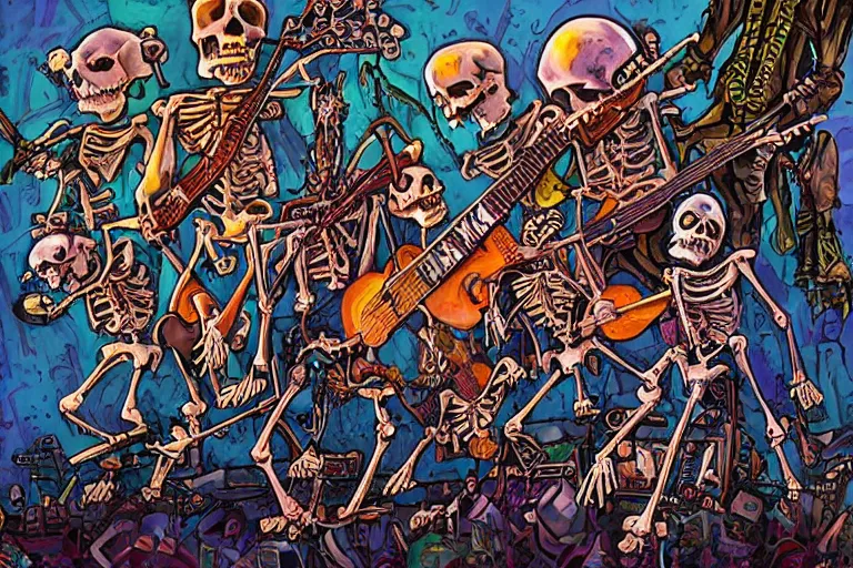 Prompt: skeleton rock band live at coachella, art by danny flynn and simon bisley, trending on artstation, halfrear, oil and canvas, very very intricate, post - modernism