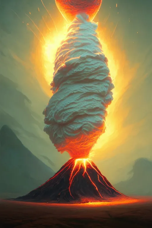 Image similar to coffee cup with whipped cream, volcano erupting from inside the cream, stephen bliss, unreal engine, fantasy art by greg rutkowski, rhads, ferdinand knab, makoto shinkai and lois van baarle, ilya kuvshinov, rossdraws, tom bagshaw, global illumination, radiant light, red blue theme, pine forest