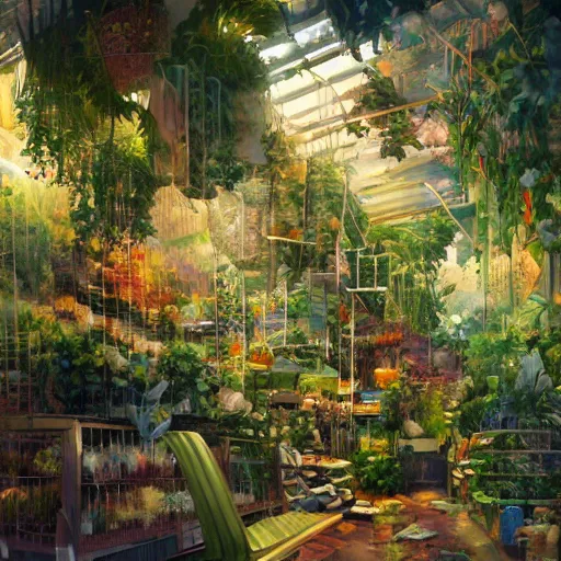 Image similar to messy cozy store with cluttered hanging cages and bright aquariums, dense verdant foliage, dim painterly lighting, impasto, trending on pixiv