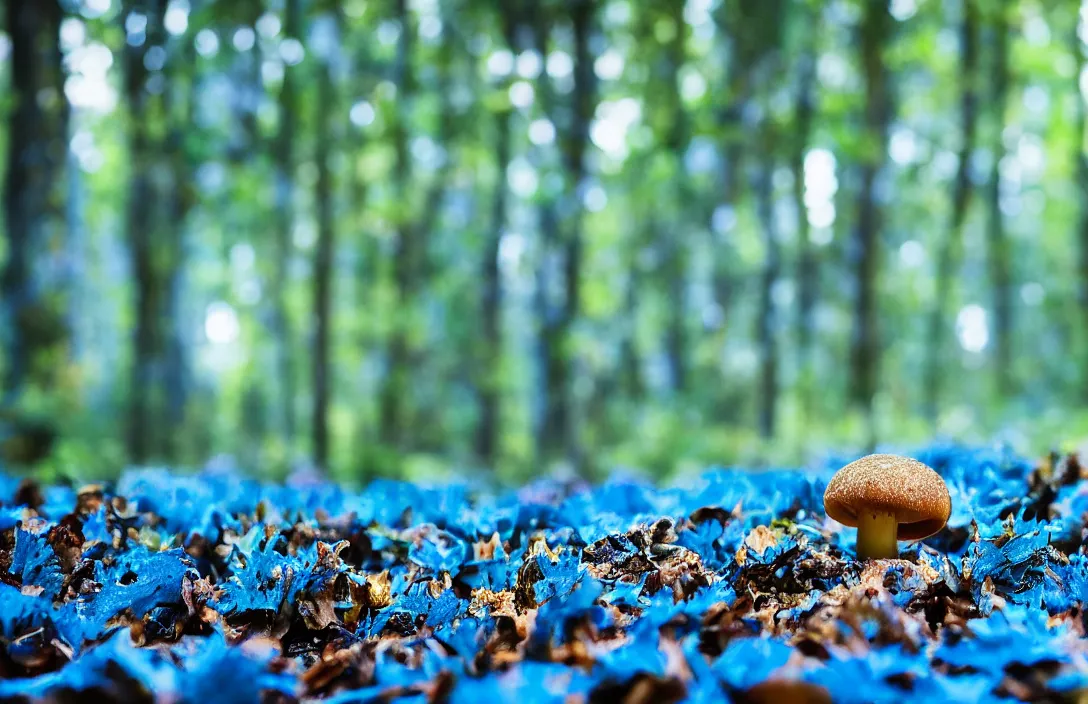 Image similar to blue forest, glowing mushrooms, sigma lens, strong bokeh, photography, highly detailed, 8 5 mm, f / 1. 3, night time, surreal