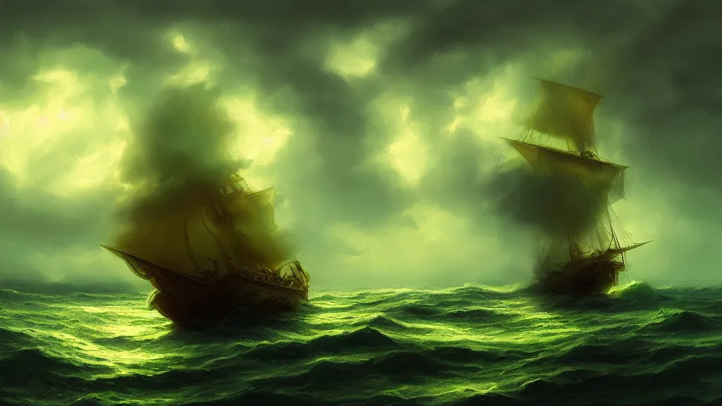 Prompt: gold galleon ship, green sea, storm. bloom, lighting. fantasy, digital painting, hd, 4 k.