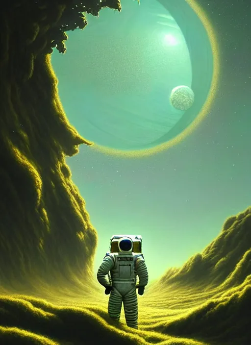 Image similar to extremely detailed, astronaut, lush planet, soft light, jade green, golden glow, diffuse lighting, fantasy, intricate, surrealism!!!!, highly detailed, lifelike, photorealistic, digital painting, artstation, illustration, concept art, smooth, sharp focus, by greg rutkowski, chris tulloch mccabe, valentina remenar and asher duran,